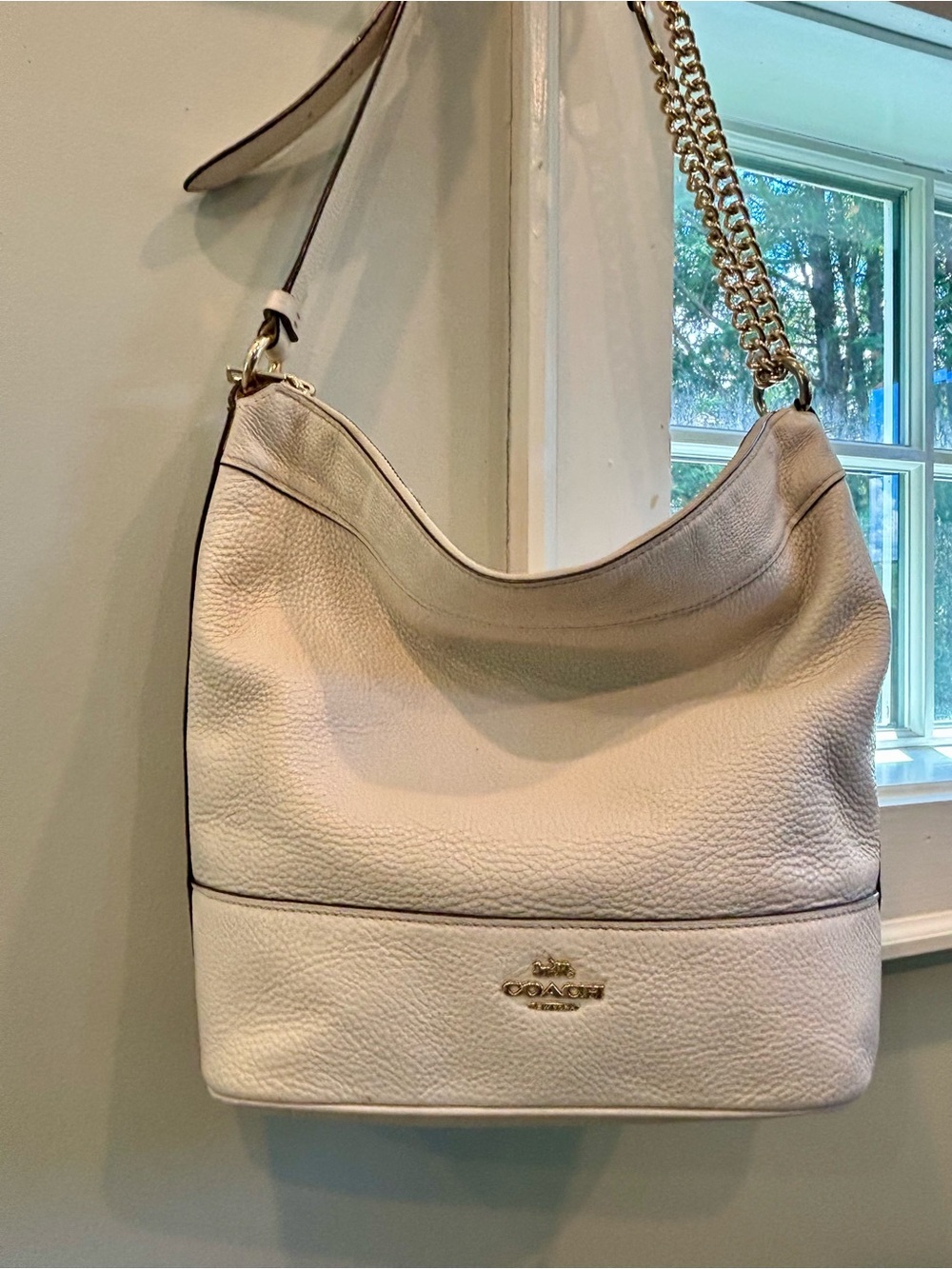 Coach Cream Pebbled Leather Shoulder Hobo with Gold Chain
